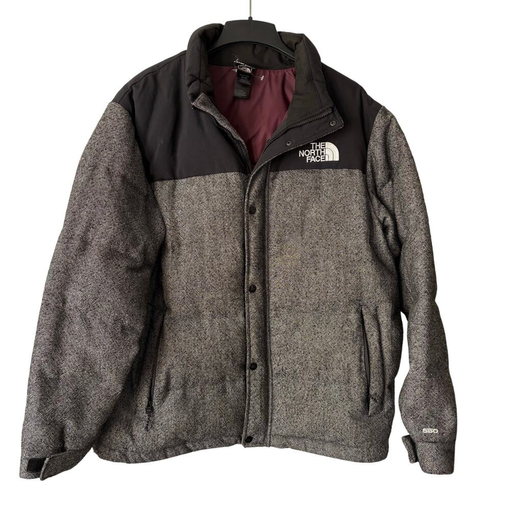 The North Face Tweed Nuptse Heights Black Puffer Jacket XL Wool Blend Down Fill